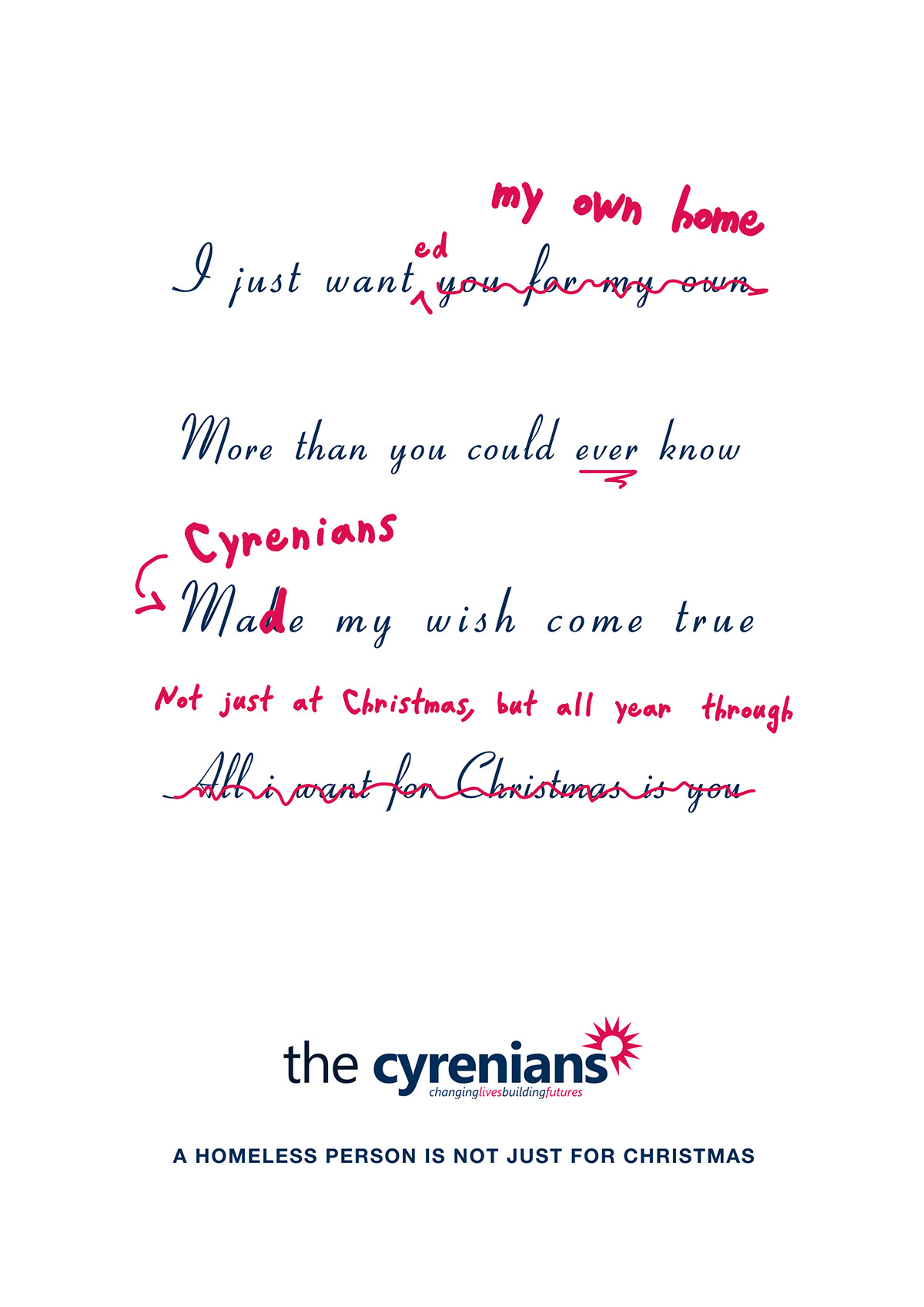 charity Cyrenians Christmas festive posters White pink blue homeless songs Lyrics