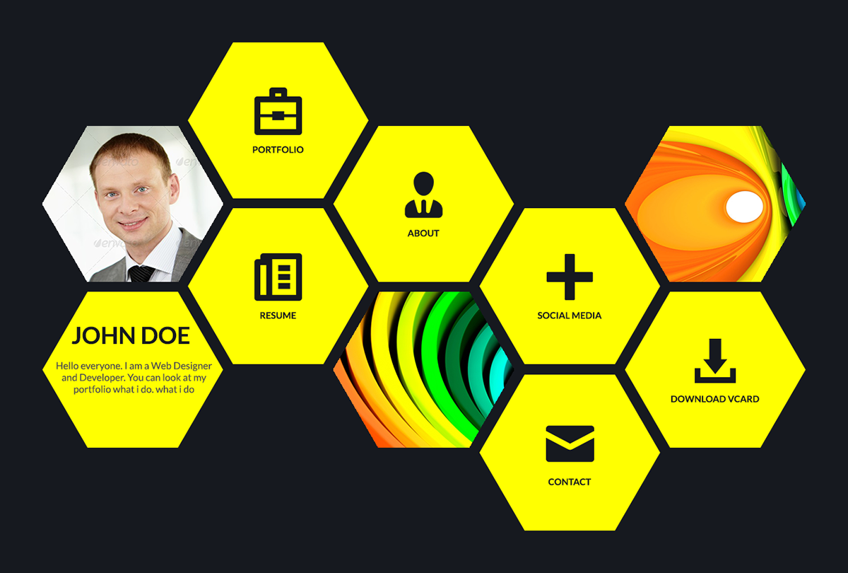 vcard yellow black flat psd template portfolio Resume hexagon honeycomb