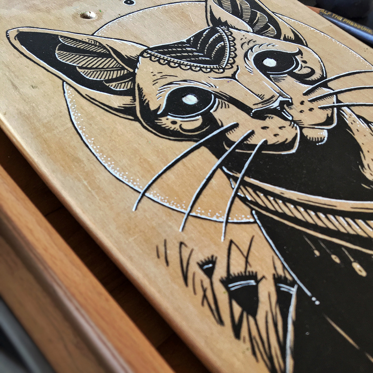 skateboard deck Cat egypt Bastet ink illustrations process eye goddess