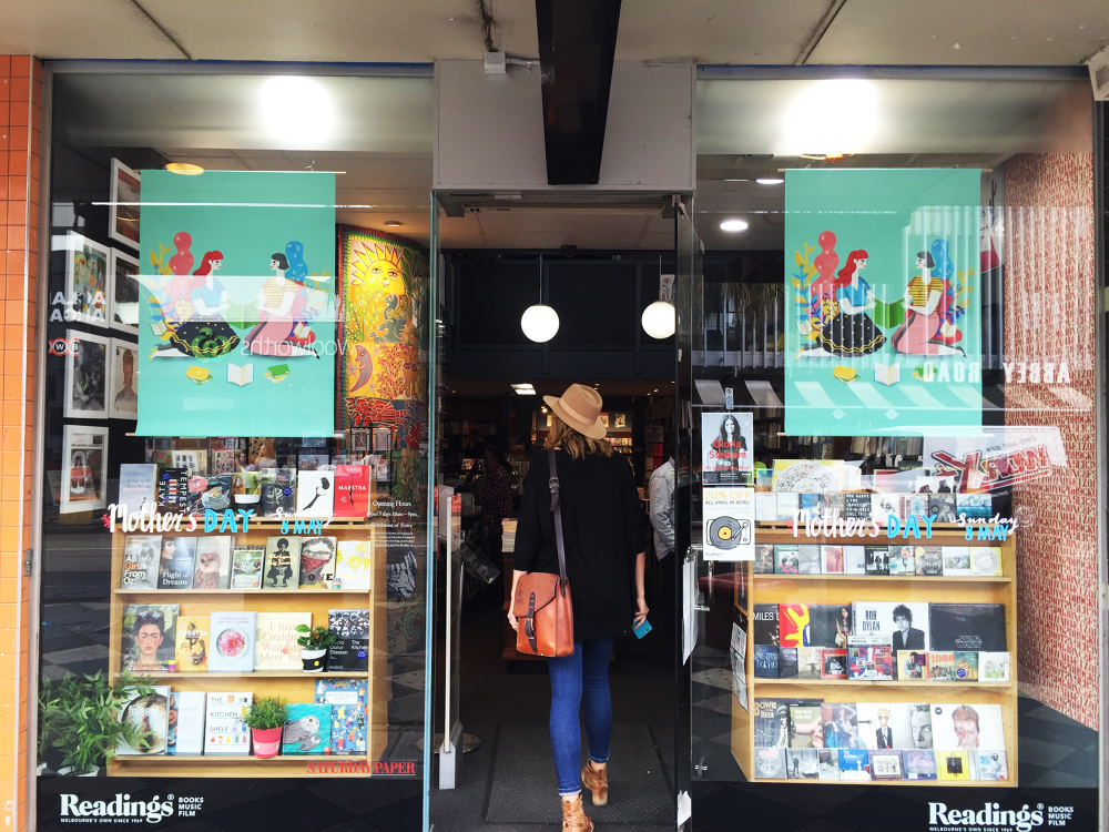 Window Display Melbourne book shop literature books signs window dressing mother Mother's Day