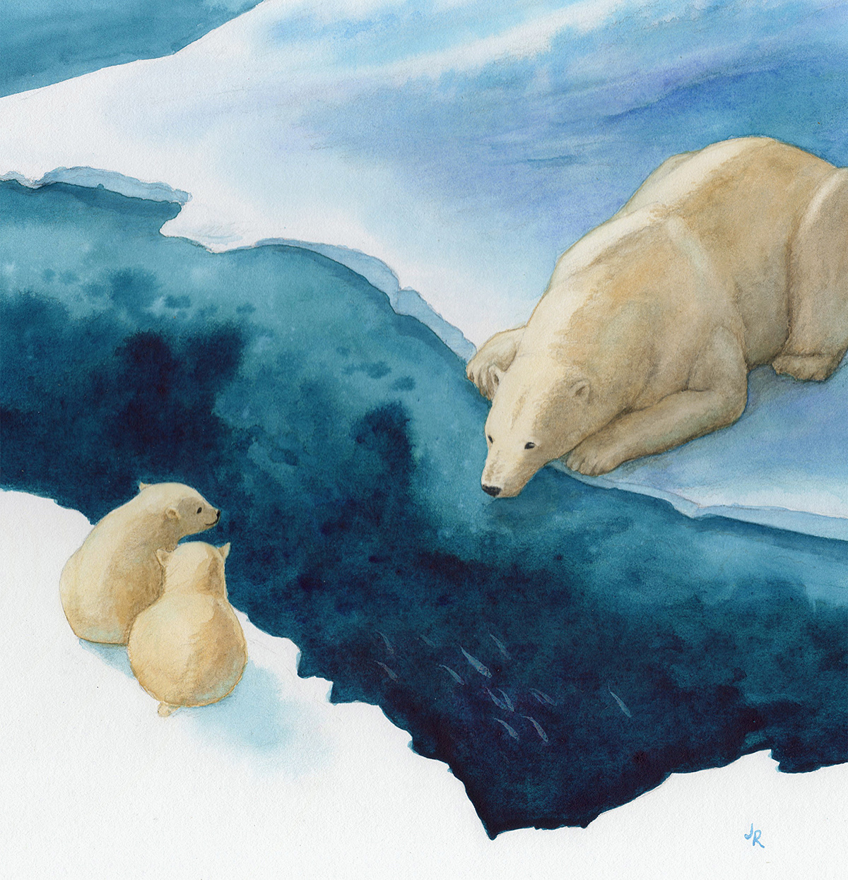 Polar Bear  cubs watercolor longing wish swimming Hunt Arctic snow blue