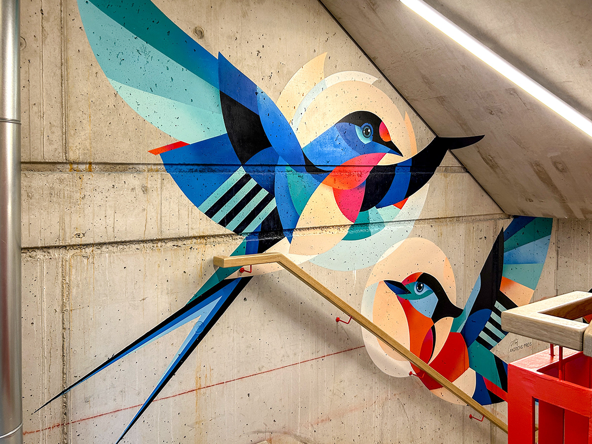painting   ILLUSTRATION  Mural wall art Street Art  urban art swallow birds Nature stairs