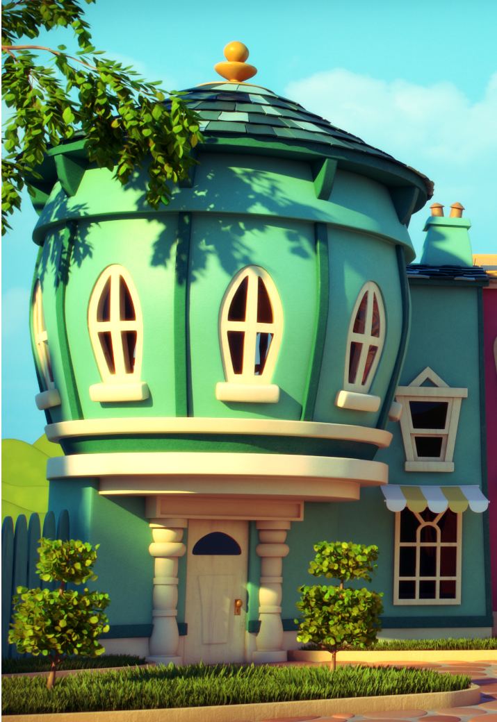 cartoon environment vibrant house 3D CGI Nature Ambient village buildings design SKY mountains mood