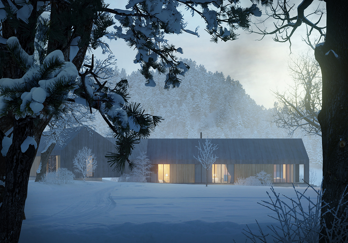 winter house snow modern minimalistic concrete wood architecture design
