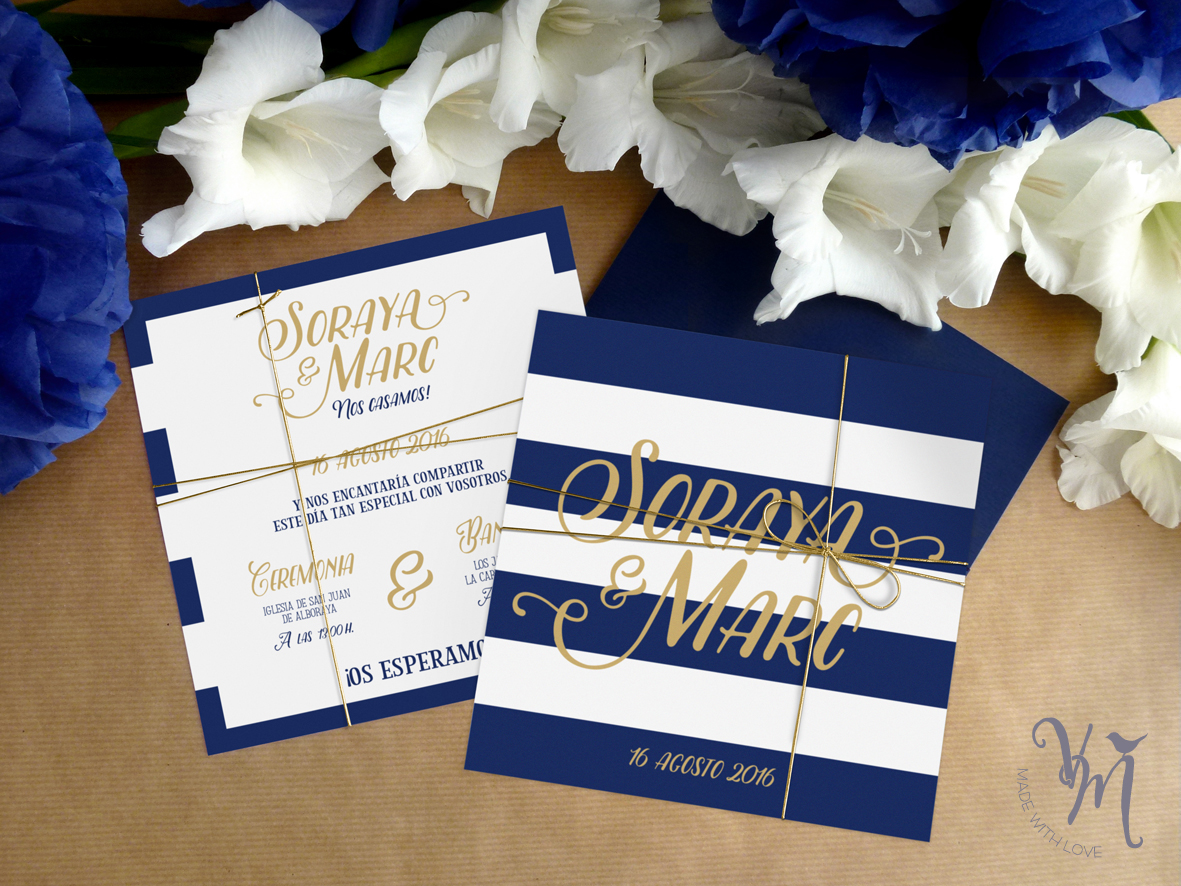 wedding Invitation marine nautical Love navy stripes gold elegant