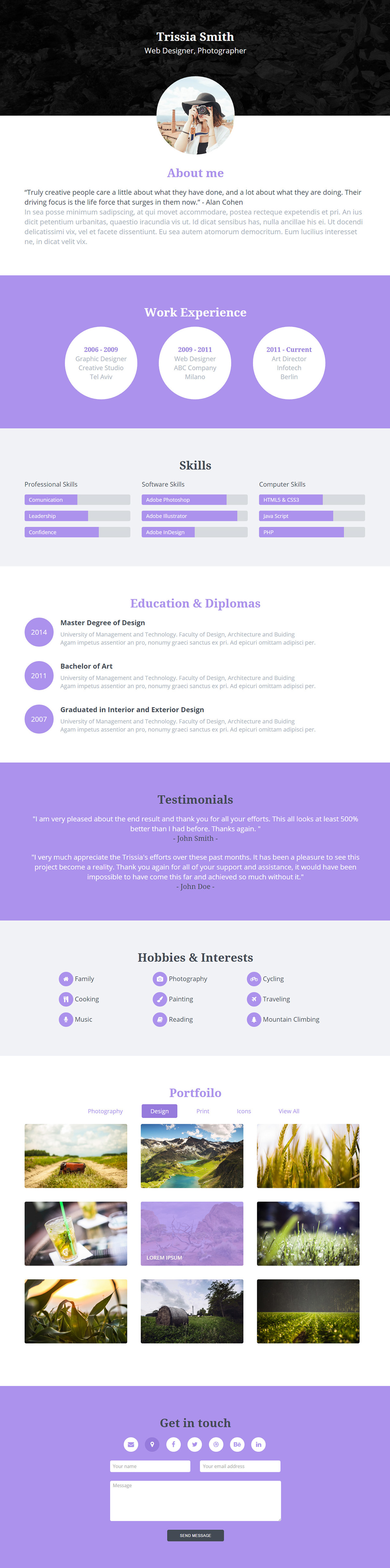 contact Curriculum Vitae CV Education Experience gallery HTML One page personal portfolio Resume skills template Testimonials