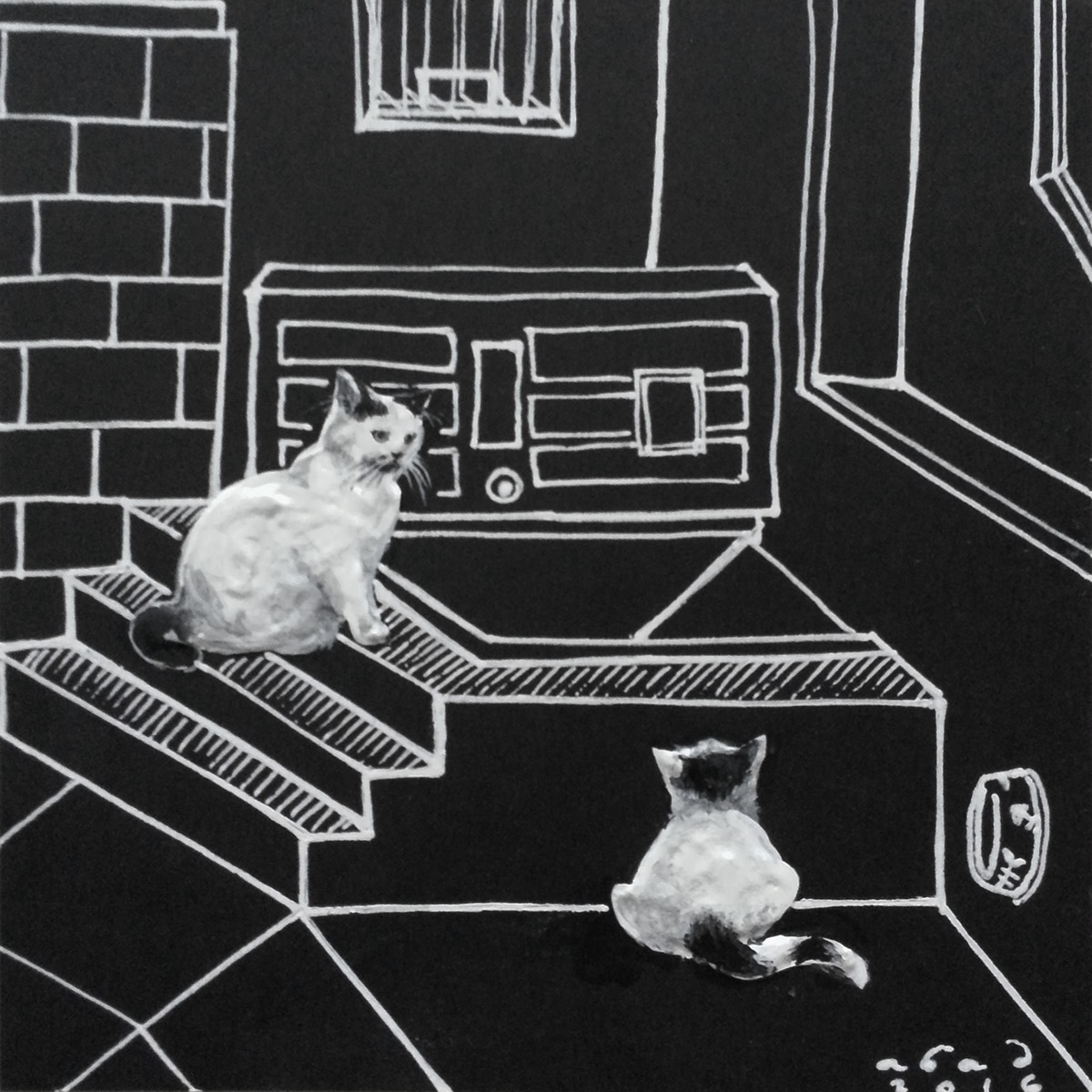 cats cat paintings multiple perspective mixed media monochrome black and white