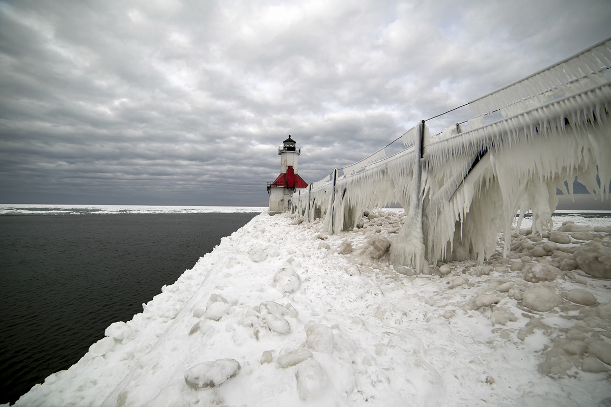 lighthouse frozen ice cold Michigan snow water red St Joseph