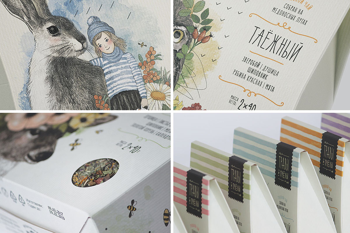 tea herbs Packaging boxes illustrations animals FMCG bee watercolor pencil