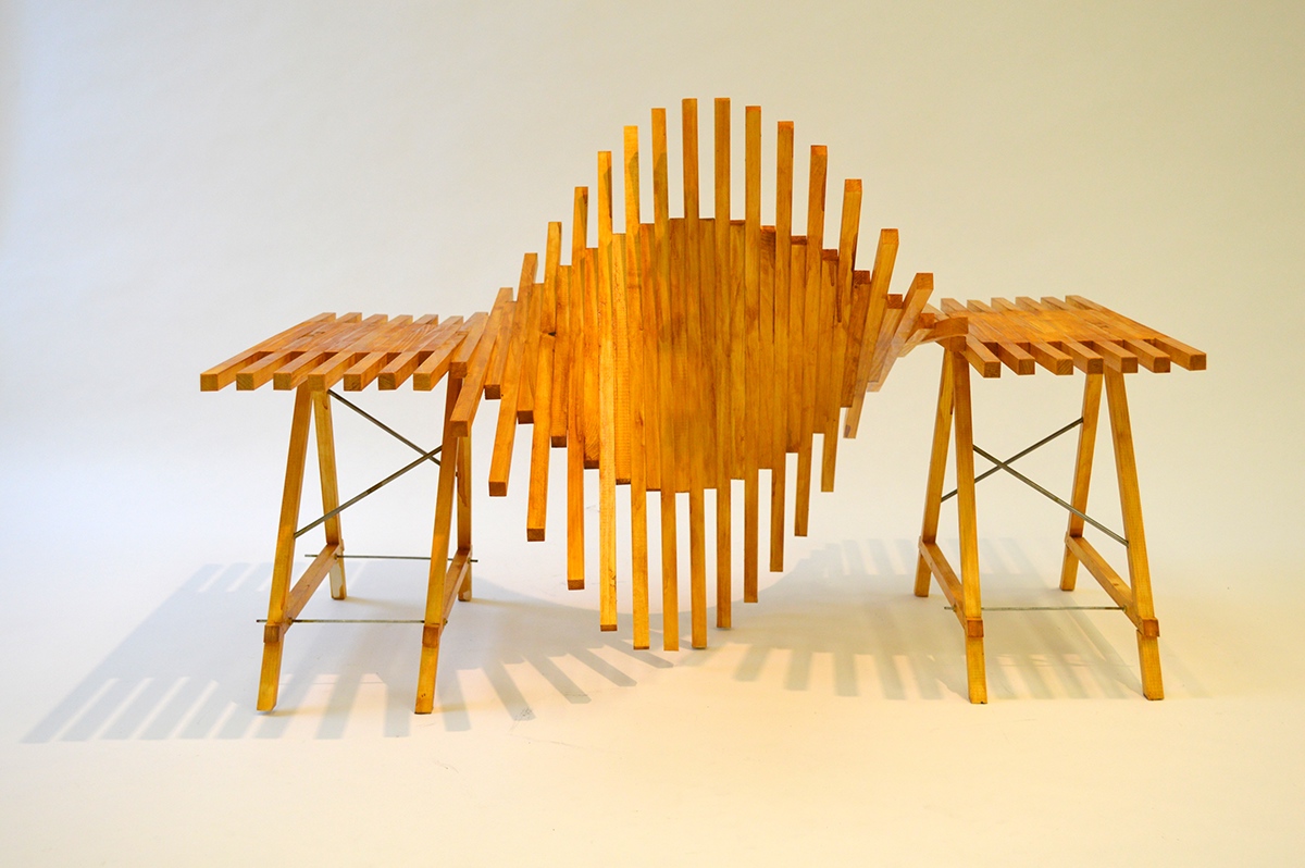 wood bench chair loveseat woodworking foundations Spacial Dynamics  sculpture Spiral Double helix steel