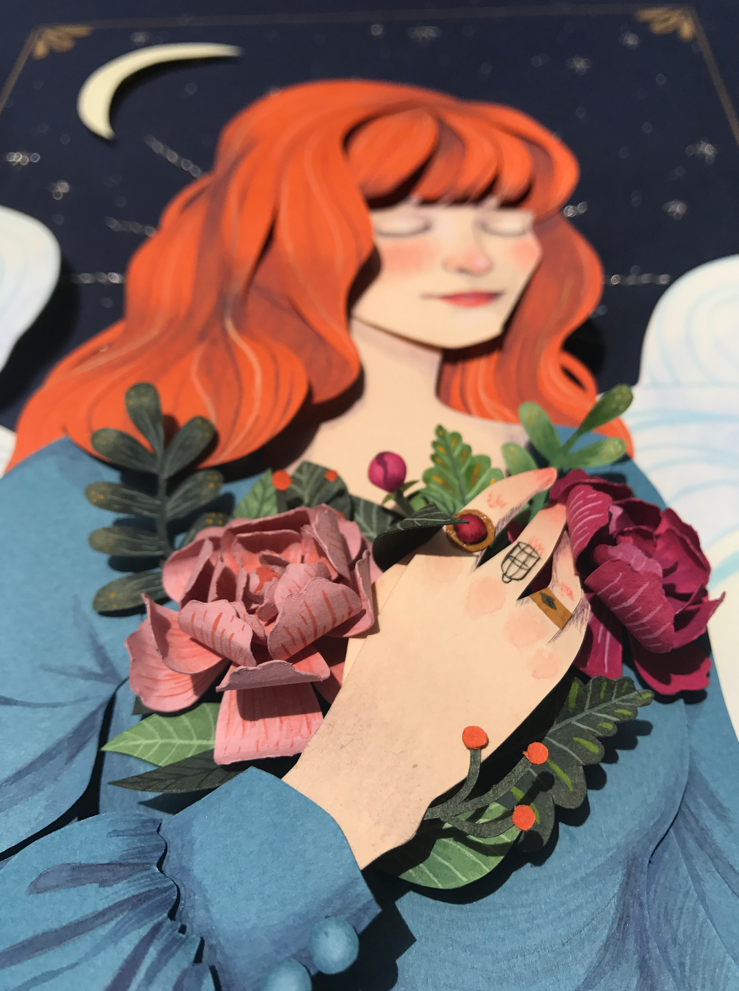 paper art cotout gouache Florence Welch Flowers portrait stars night ILLUSTRATION  music