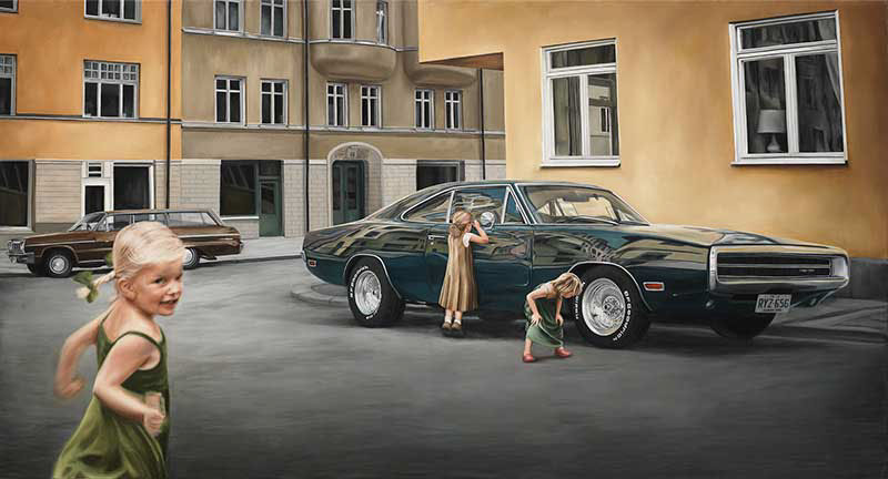 car Cars girl girls mother action speed charger oil photorealistic contemporary popart