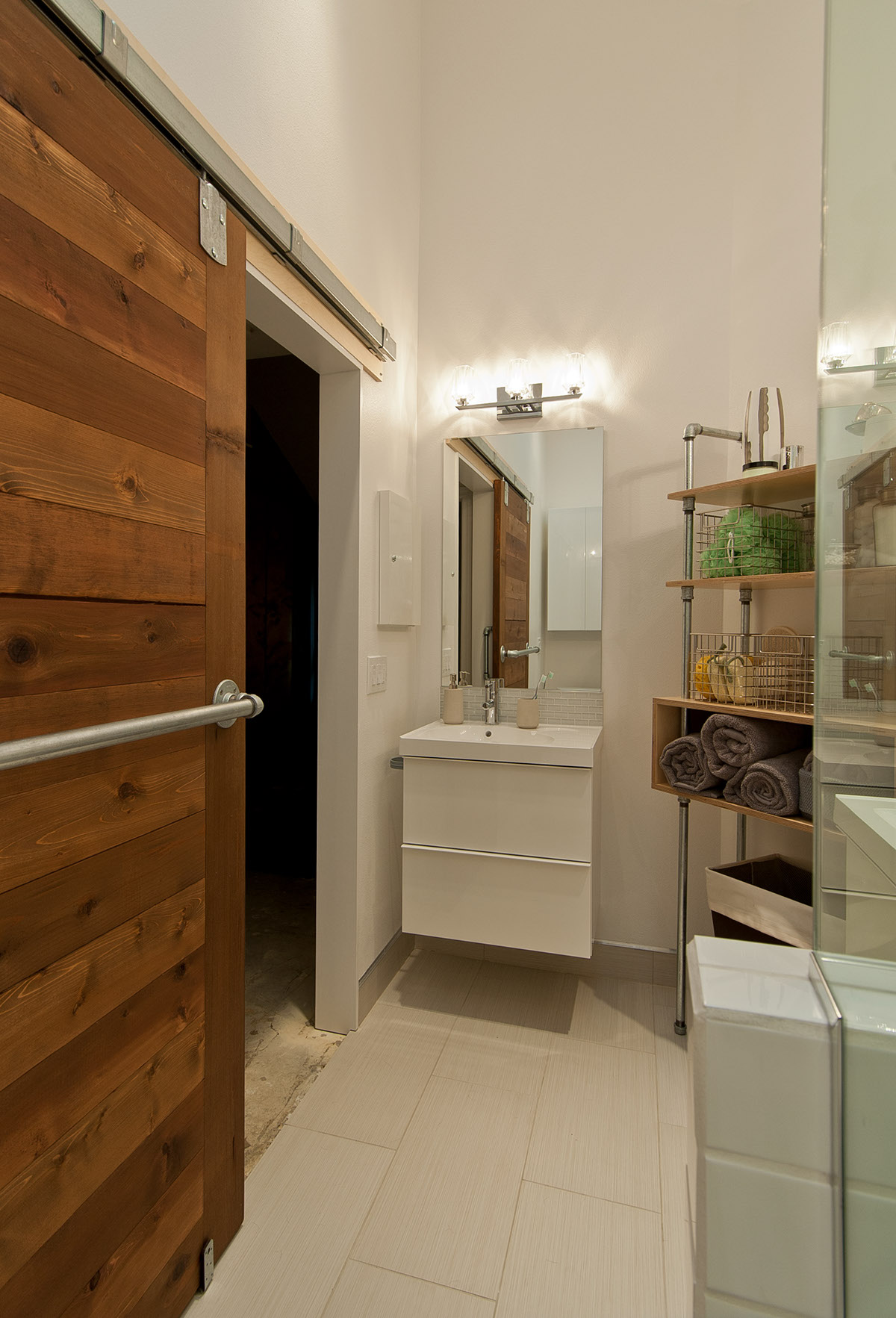 remodel  renovation  master bath Barn door Custom furniture modern contemporary