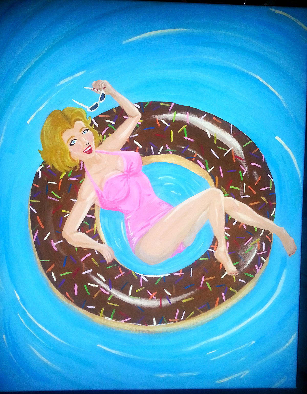 canvas acrylic pinup pin up pinup girl girl Retro summer donut doughnut blonde swimsuit surreal
