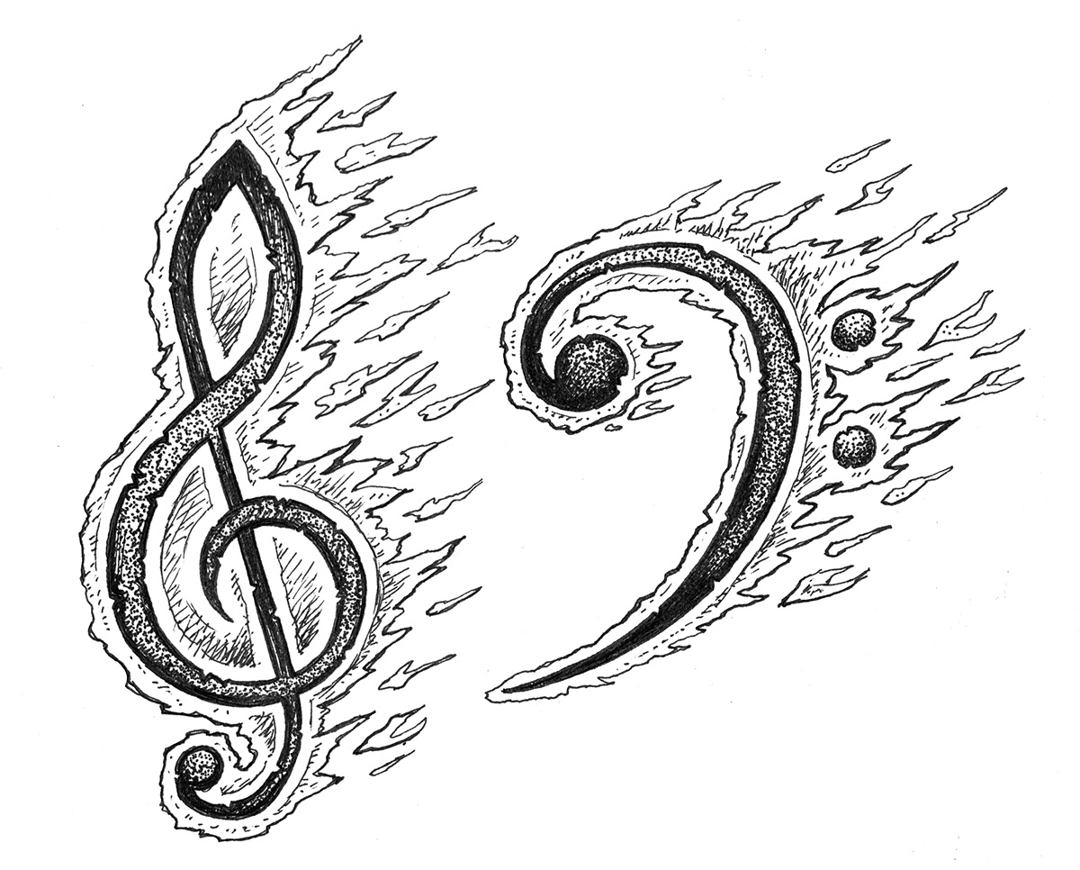 Musical treble clef bass clef music notes fire heavy metal death metal line art pen and ink stipple crosshatching shading black and white