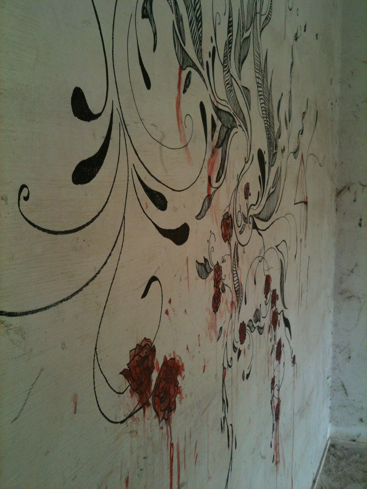 Murals pen markers illustrations Roses blood red wall abandonded apartments freedom loss sad beauty