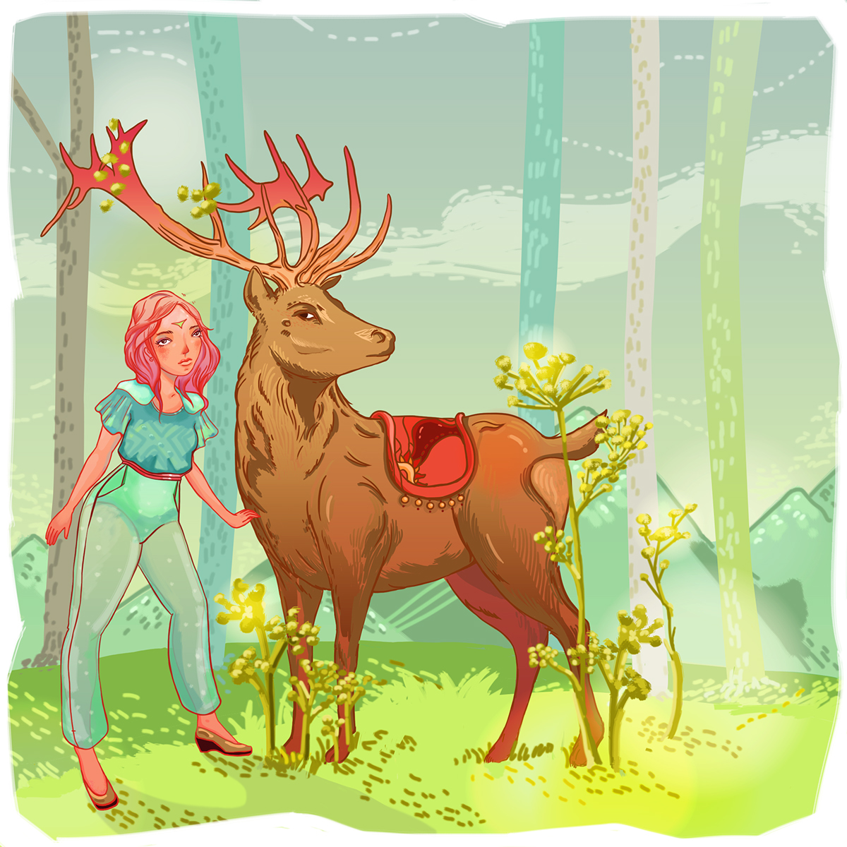 deer girl Tree  postcard
