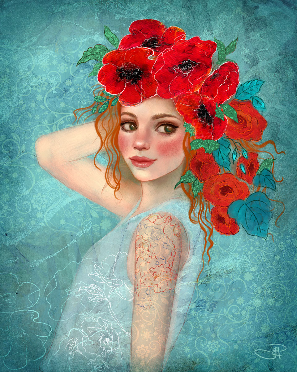 Portrait of a young women with poppies in her hair and a tattoo