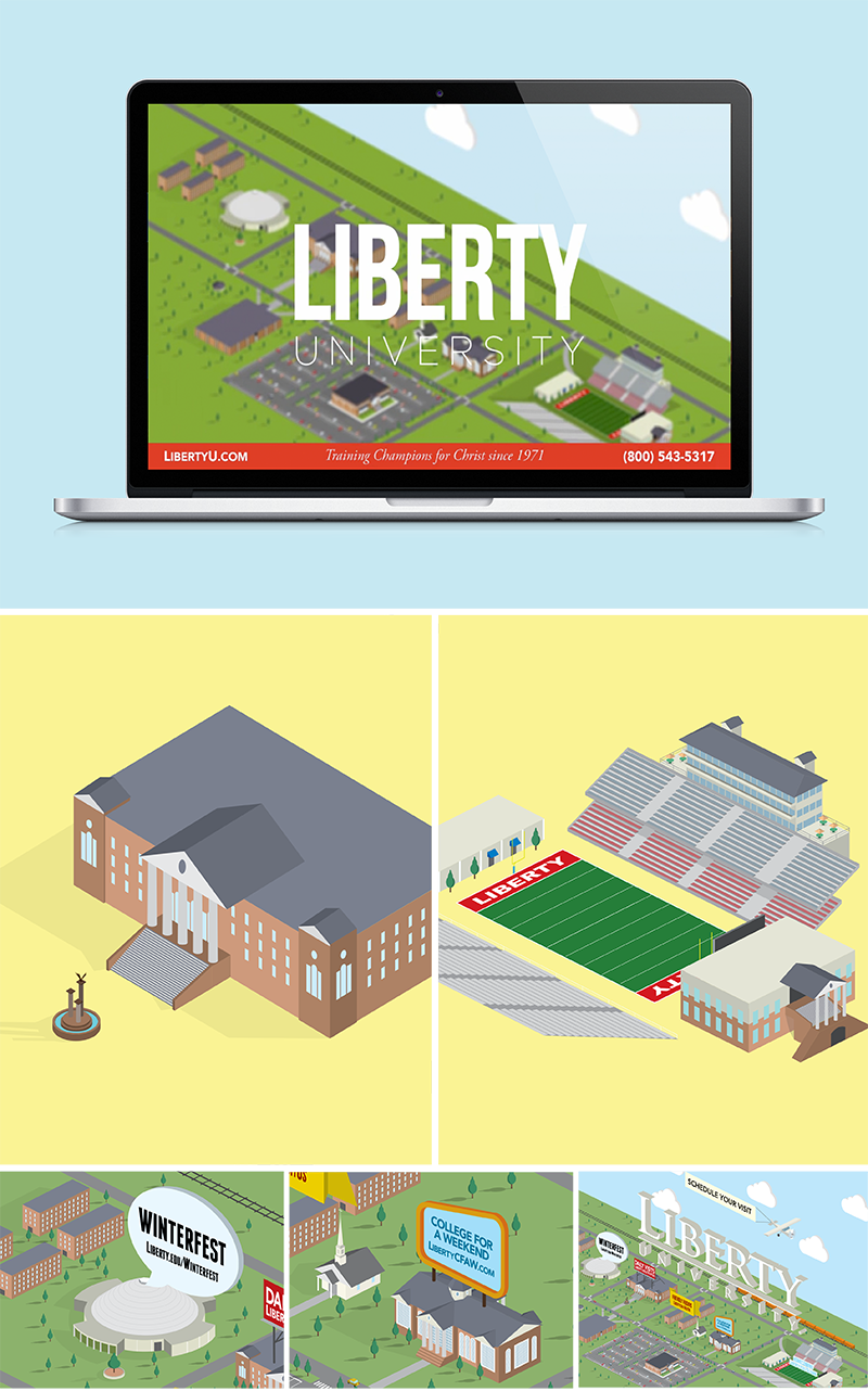 Liberty University campus ad campaign buildings color after effects