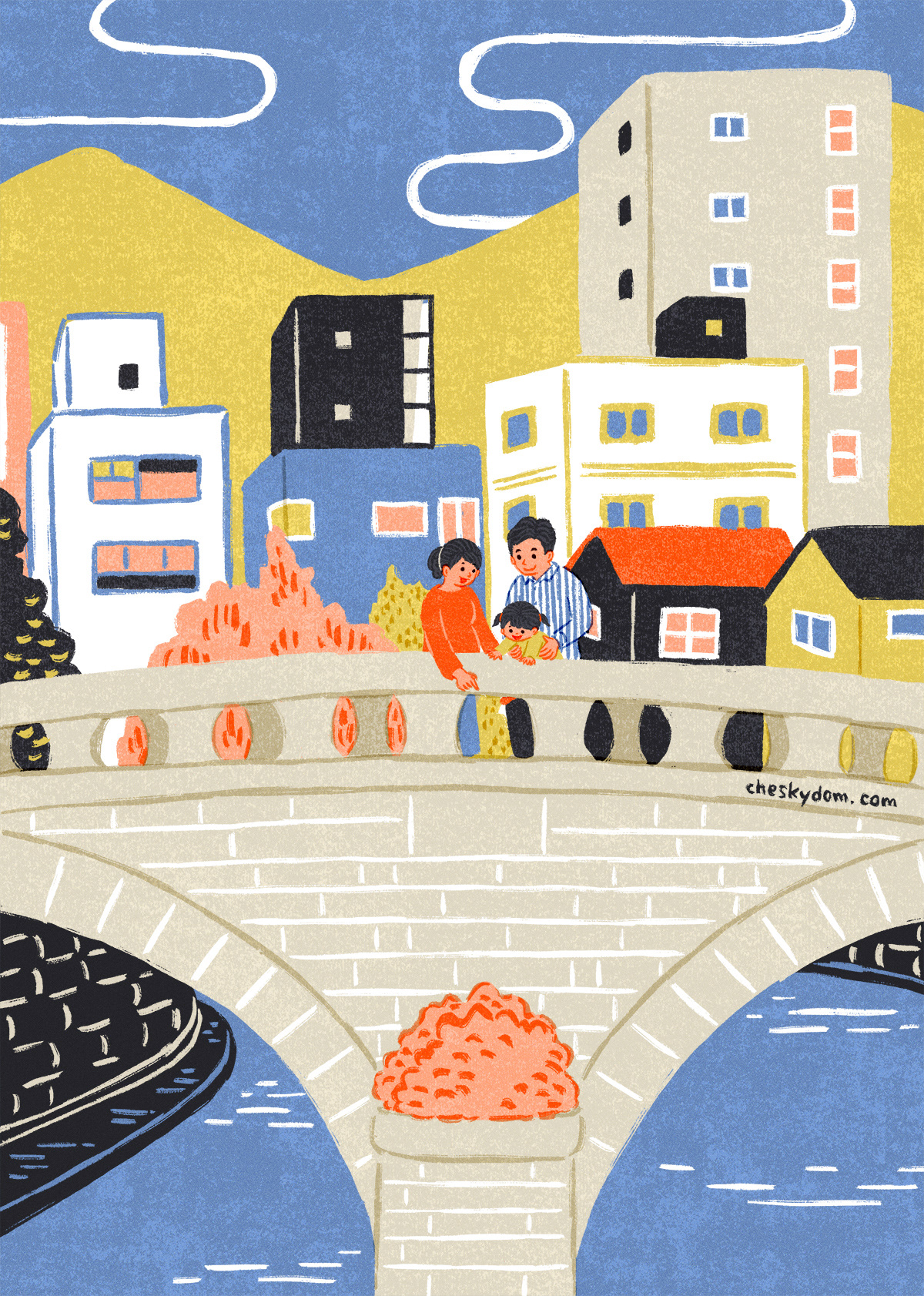 The illustration of a family at a famous bridge in Japan.