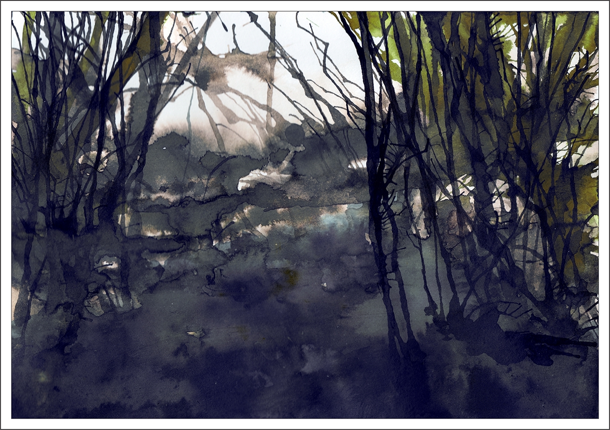 Edgar Allan Poe watercolor Landscape dreary decayed trees