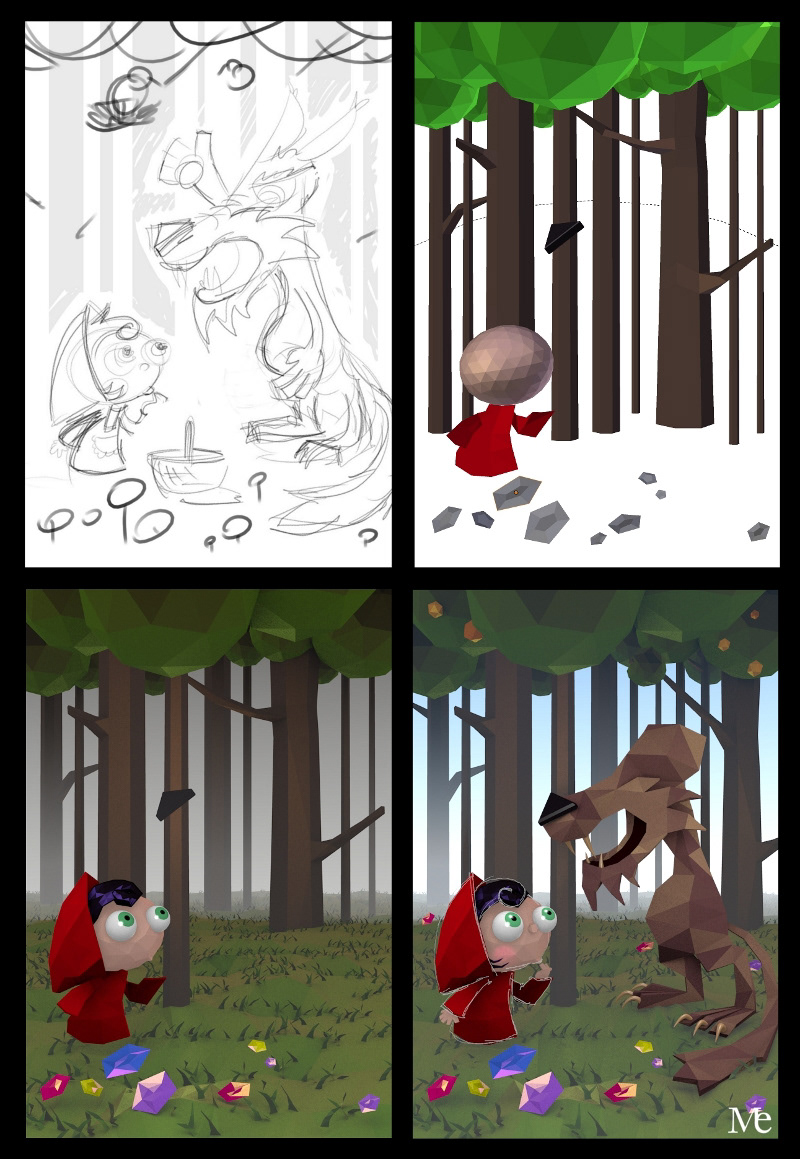 Red riding hood wolf tale child polygon 3D