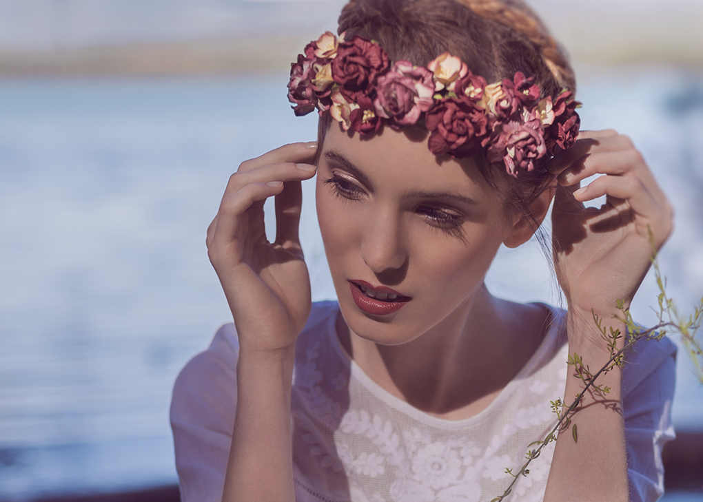 outdoors fire lake girl naif romantic book floral crown Outdoors Fashion model angency editorial boho concept spain