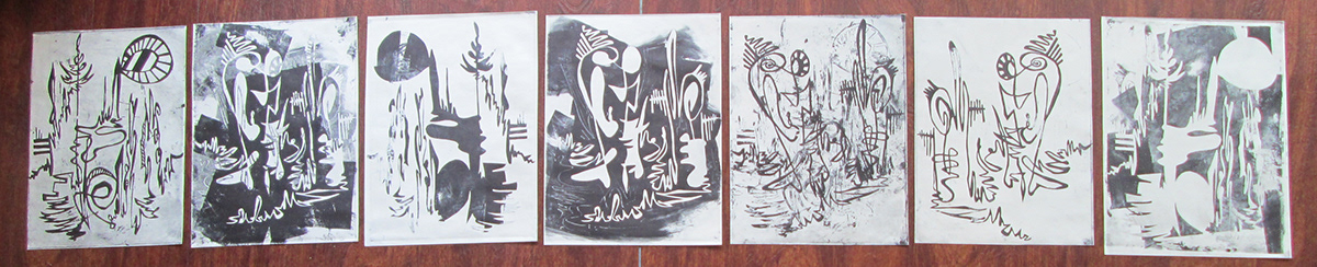 printmaking whales foxes Spirits animals dragon Space  relief print copper Plexi Glass monoprints colored monoprints  Lotus weird graphic