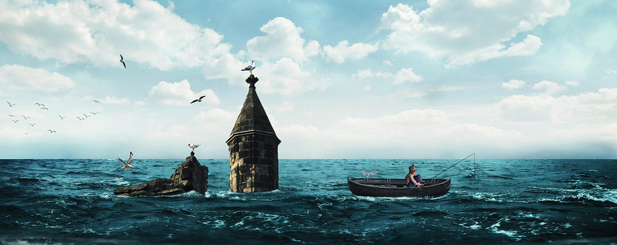 photomanipulation underwater city surreal fnatasy conceptual water fish girl Castle digital