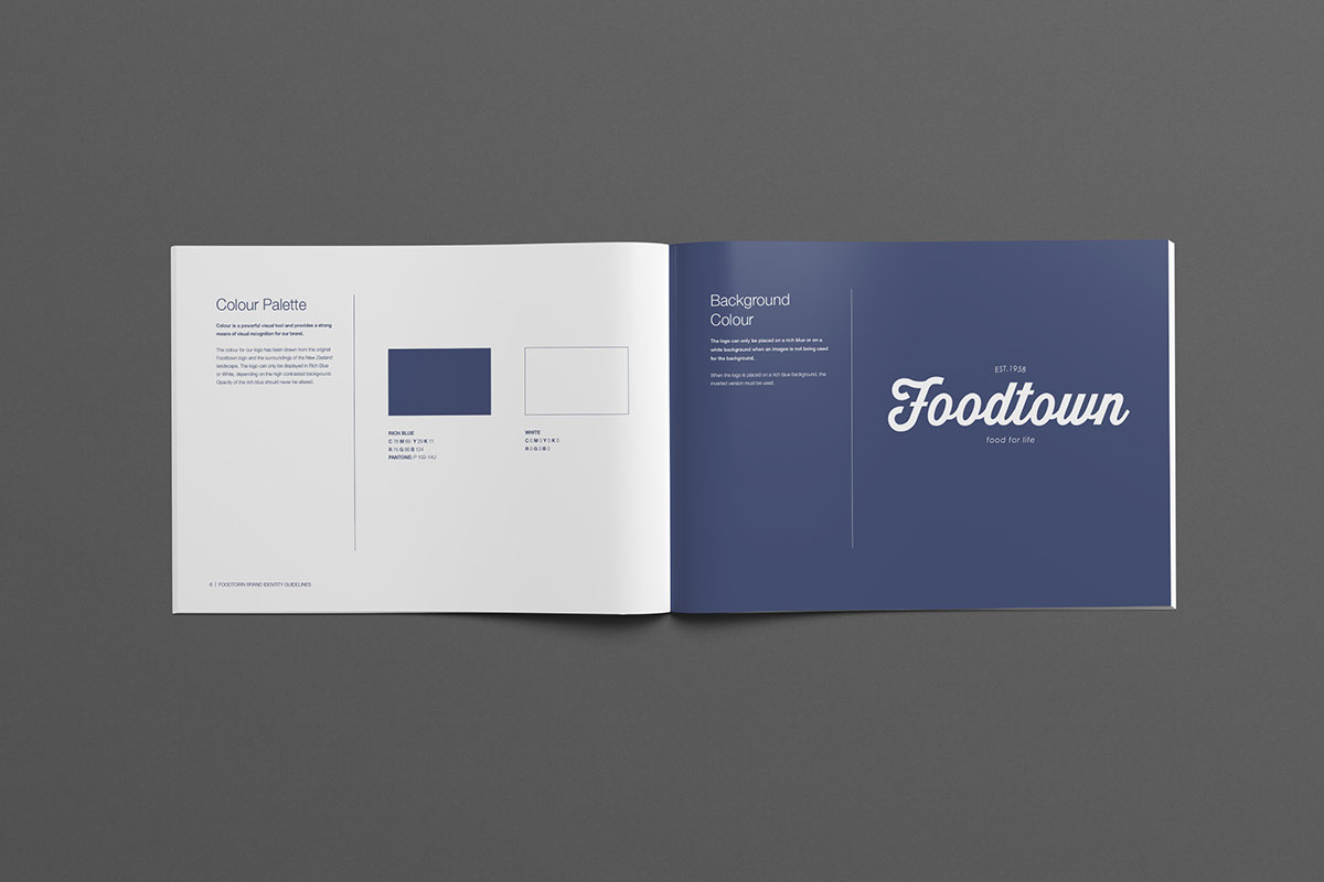 Foodtown publication book brand guidelines brand manual minimal clean Logo Design rebranding logo specifications Supermarket brand letterhead business card websites