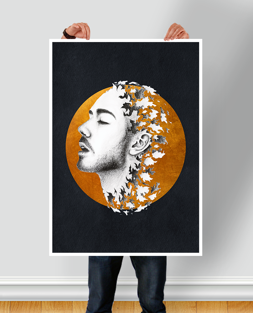 Fade fading man portrait abstract abstract portrait golden gold Sun male dissolve Dissolving poster macabre face