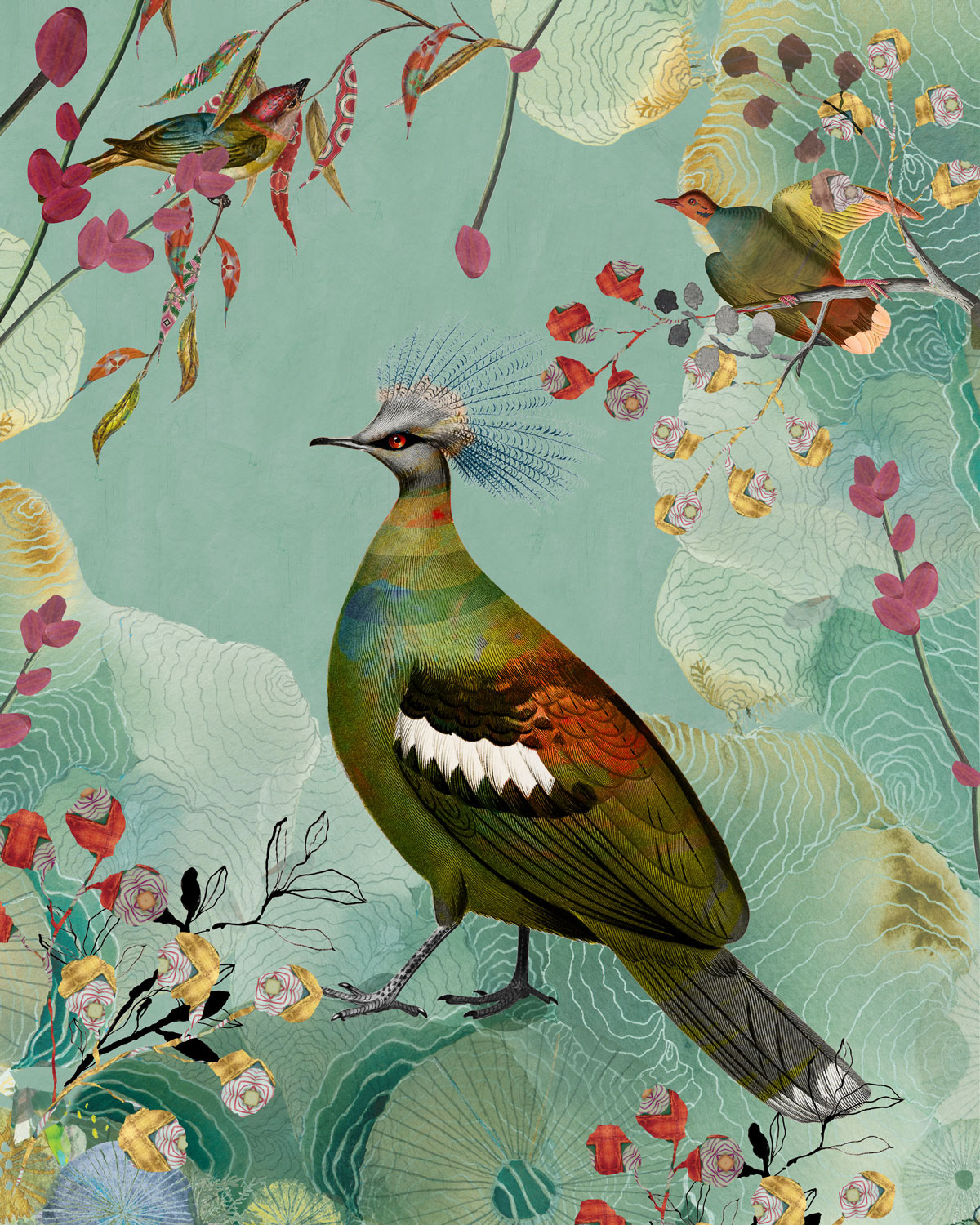 Birds of Paradise. Colorful dreamy imaginative birds in an abstract surrealistic background.