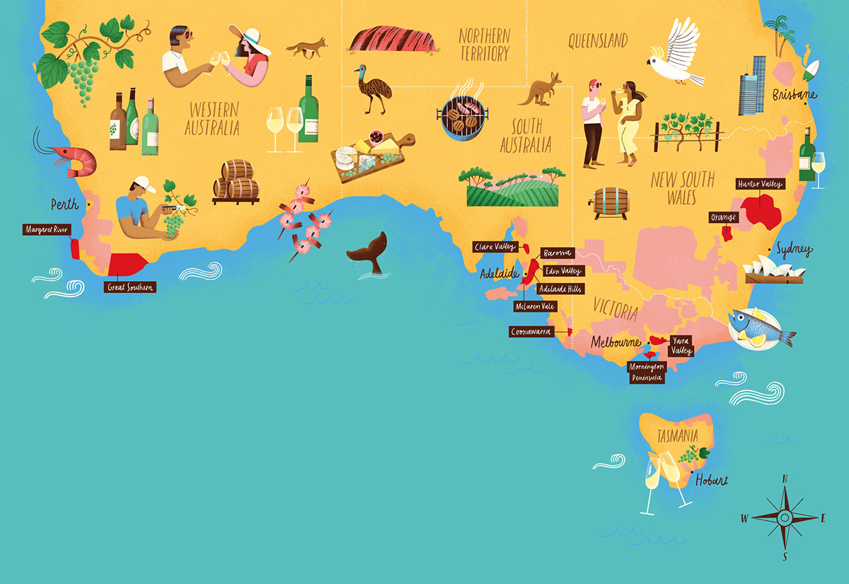 australia map australian wine Editorial Illustration Food And Wine food illustration illustrated map map illustration travel illustration Wine map