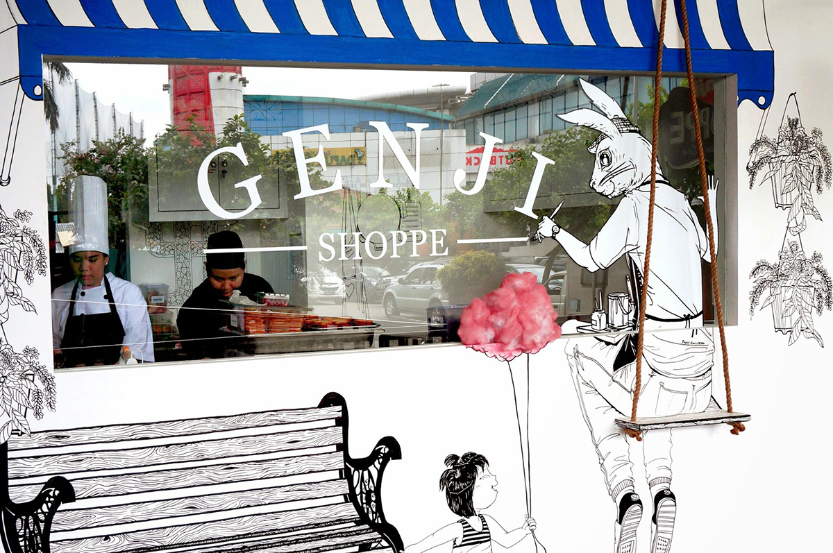 Mural genji shoppe shop dessert store elephant chairs rabbit blue