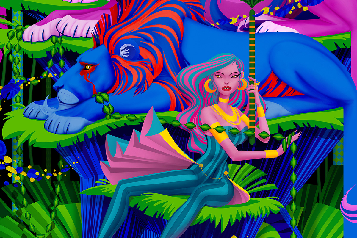 girl ILLUSTRATION  jungle lion pattern plants psychadelic Umbrella vector vibrant