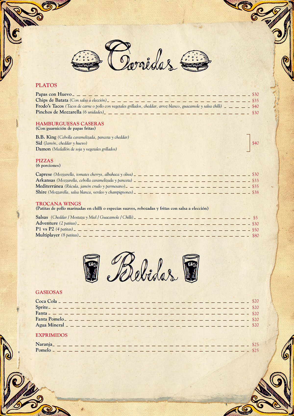 cartas menu bar trocana ilustracion diseño