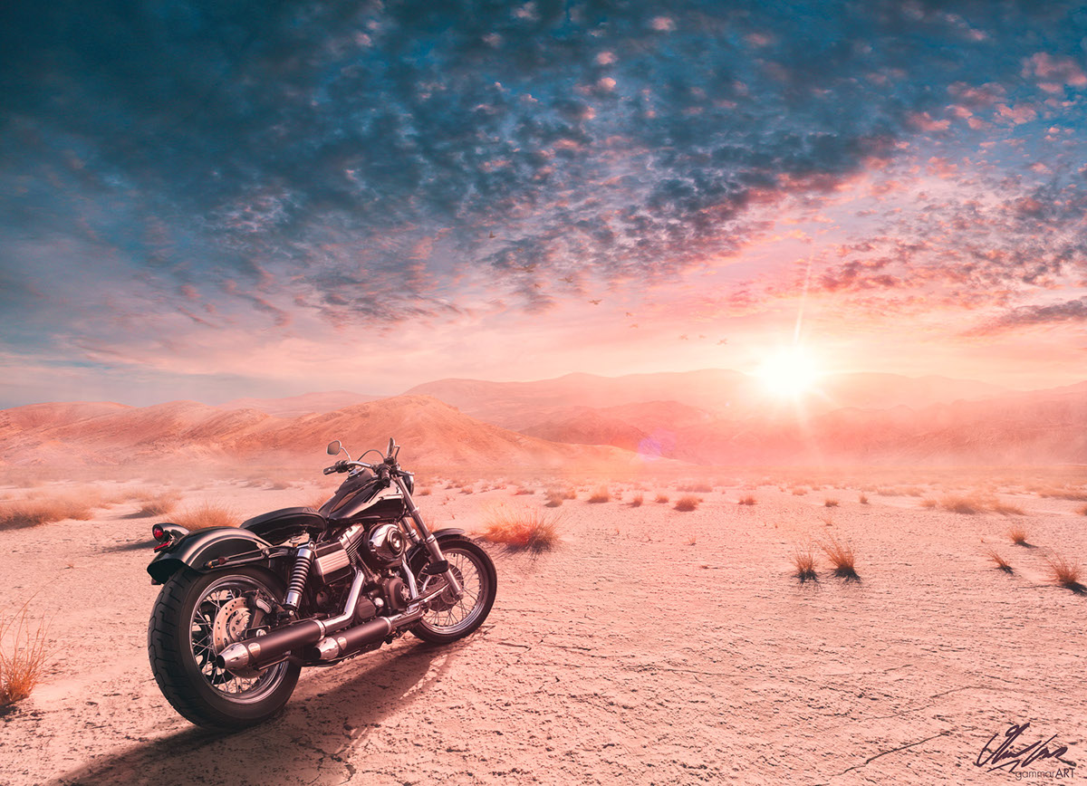 Bike biker freedom sunset composing photomanipulation colorgrading compositing
