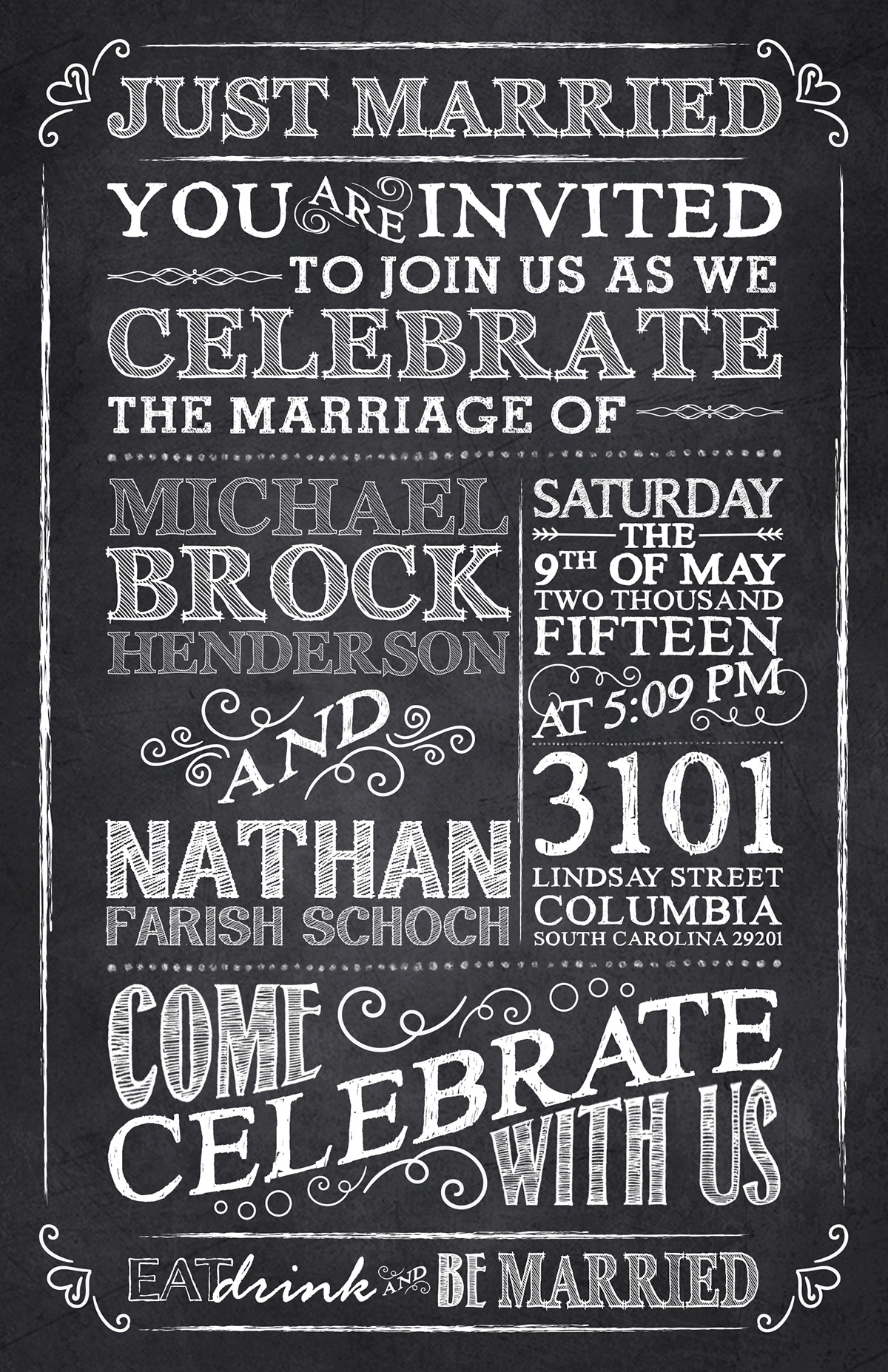 Brock Henderson Nathan Schoch wedding Chalkboard southern blackboard chalk costume invitations reception rsvp postcard