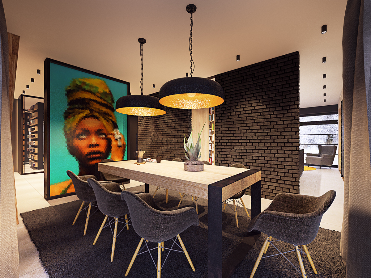 home house Interior design brick dark black color yellow livingroom bedroom bathroom wood modern