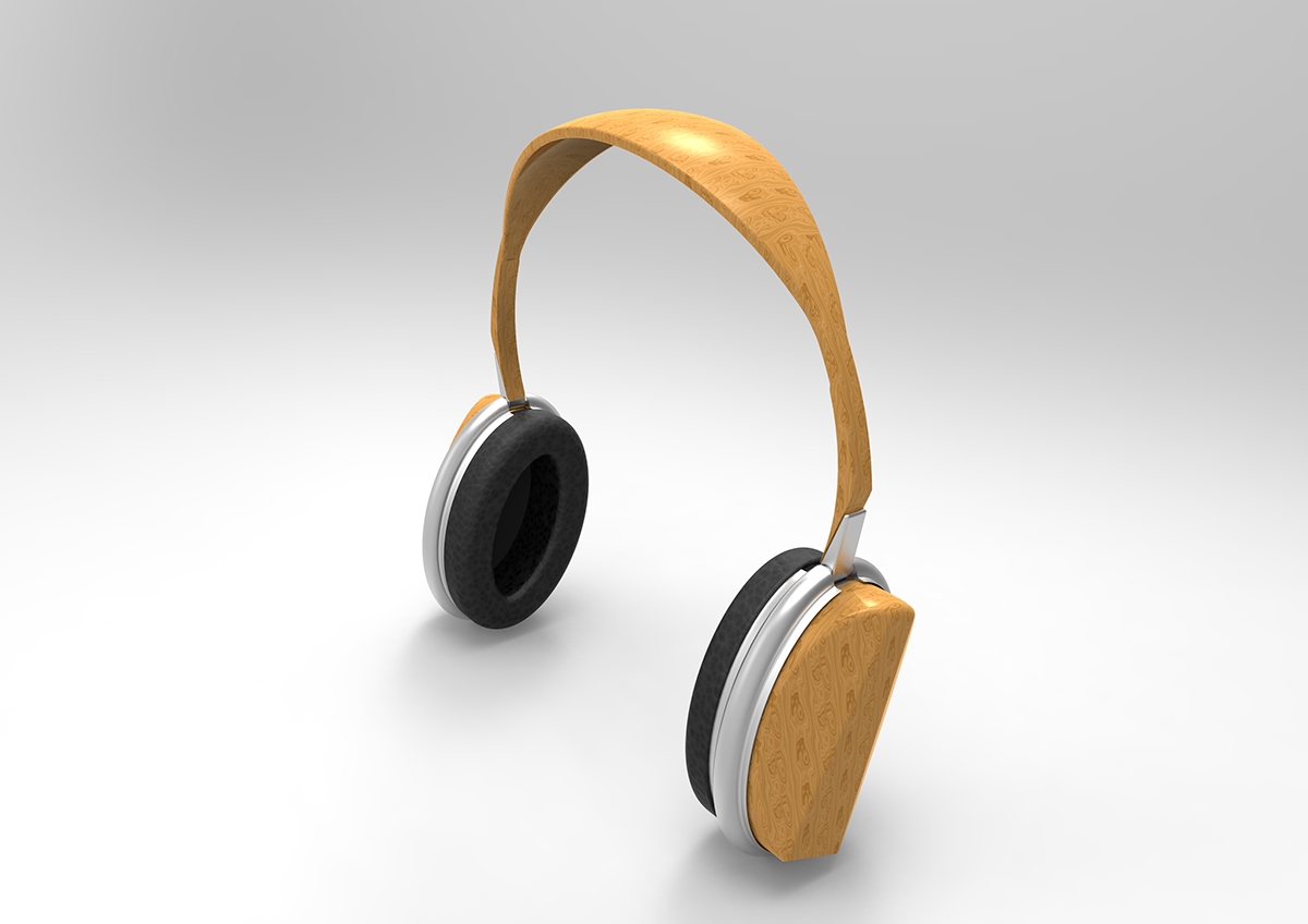 listening head phones wood leather Render 3D