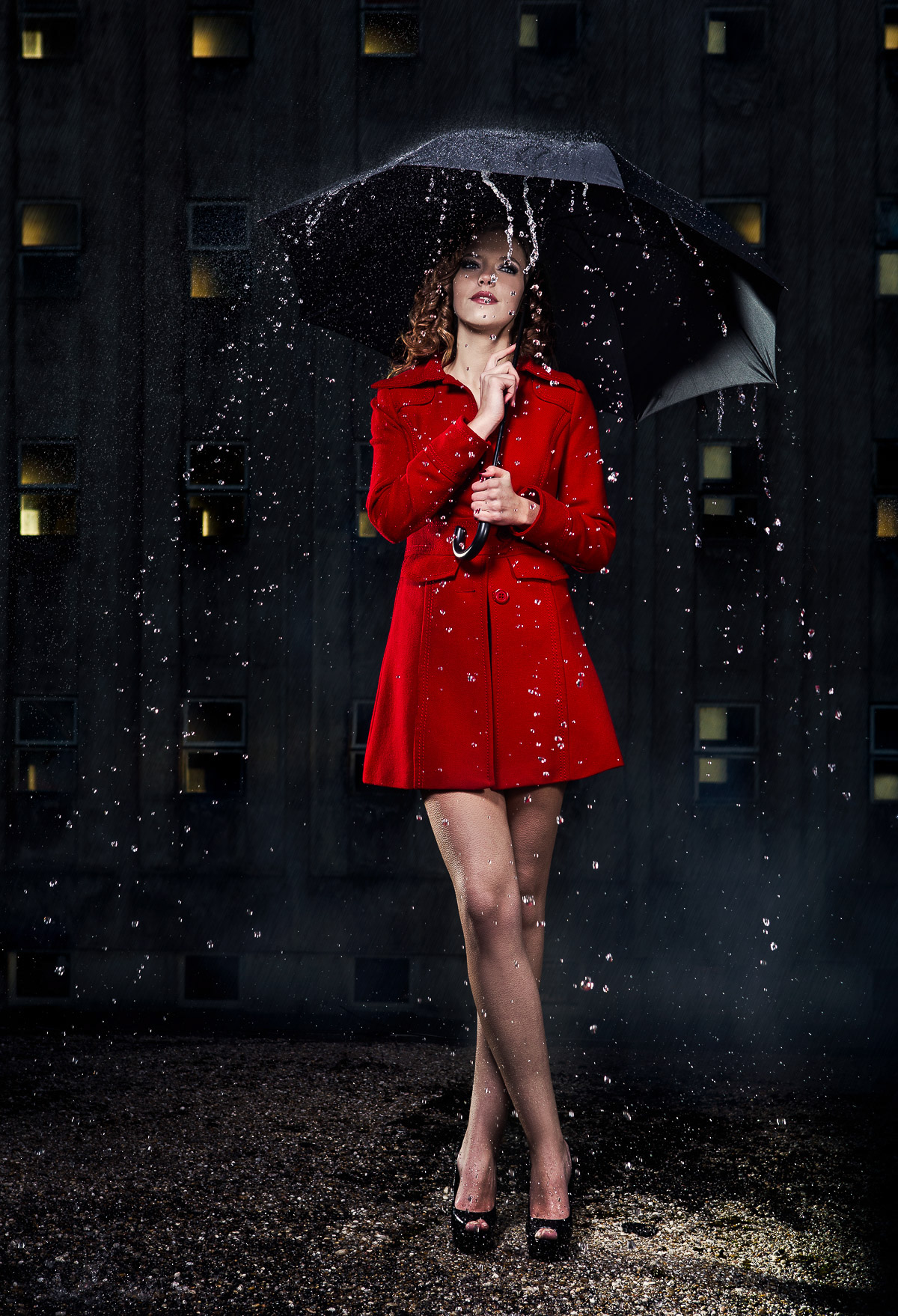 woman  girl pretty rain raining Umbrella red Beautiful sexy legs high speed synk water night