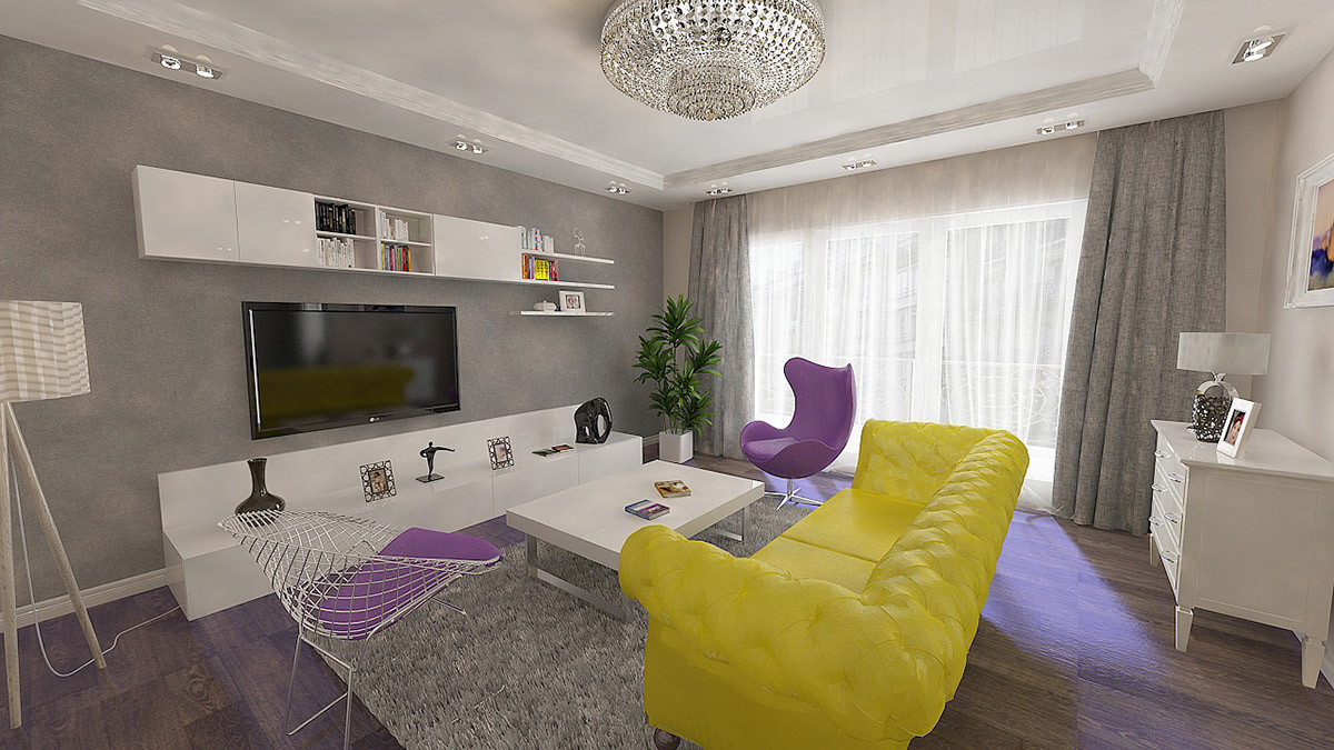 design digital Interior Render 3D visualization yellow purple living room dining room blue White light artistic