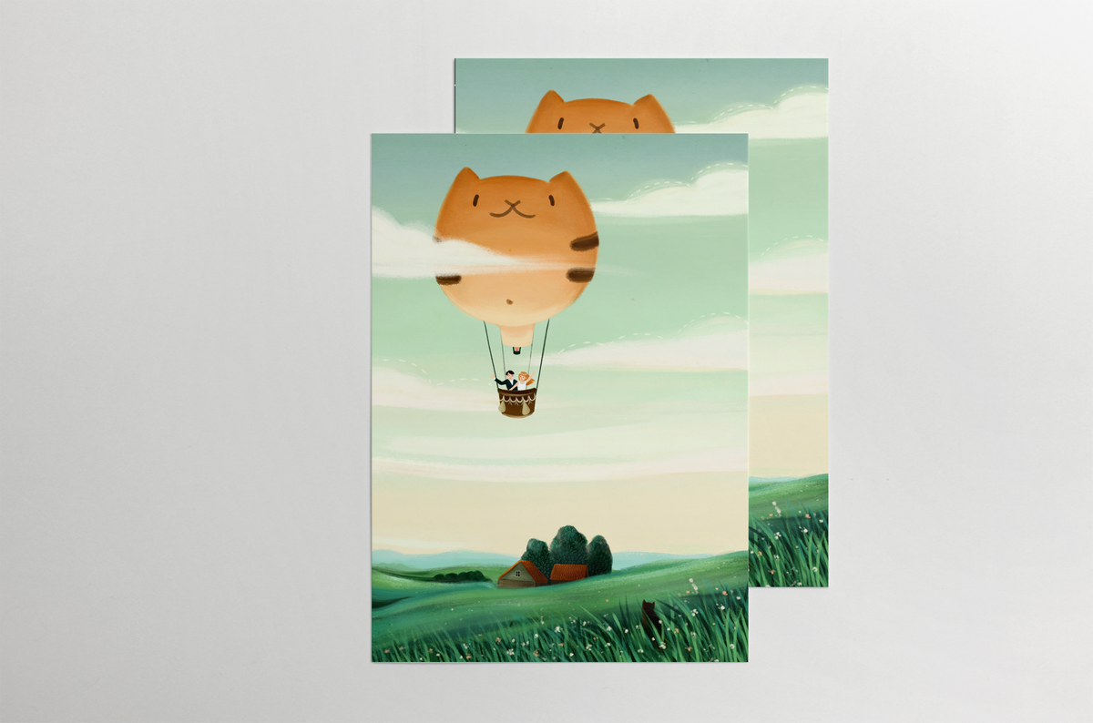 wedding guests thanks postcard illustrations baloon cats sunset digital