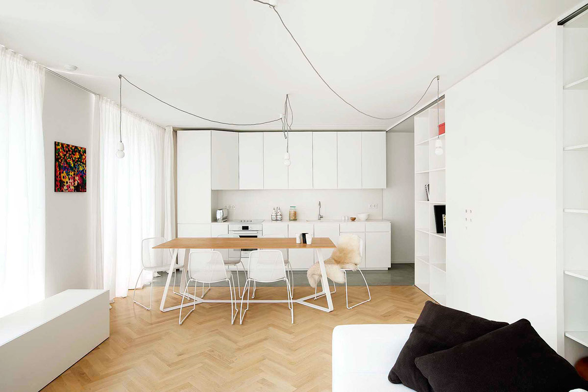 architecture Interior design apartment White sliding door concrete wood oak