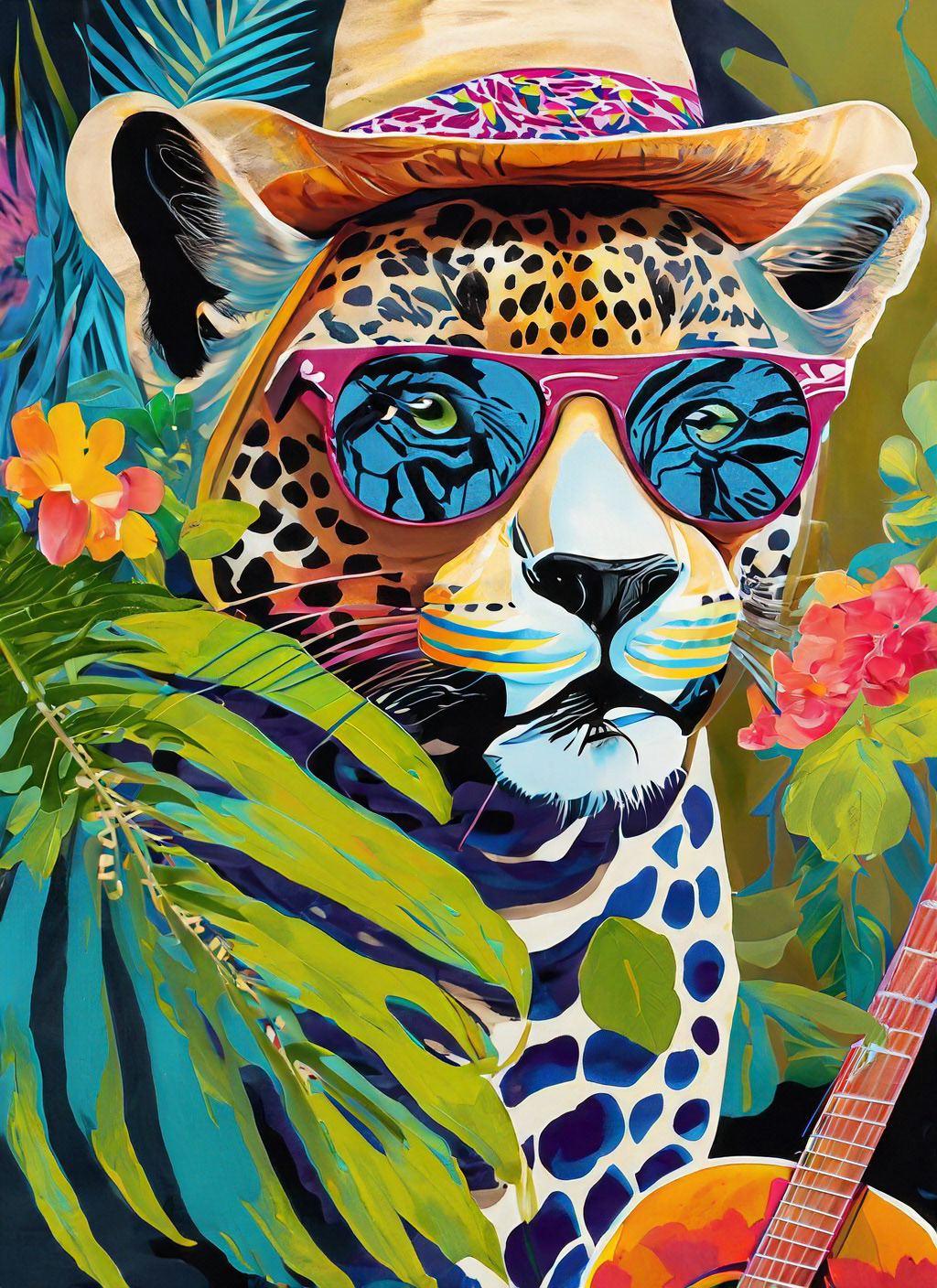 leopard guitar ILLUSTRATION  jungle colorful art concept Character design  Digital Art  Graphic Designer