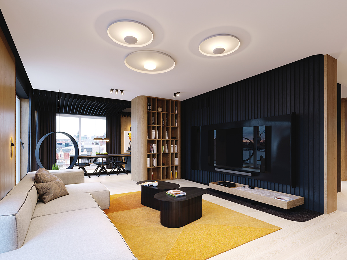 black cozy decor flat home interior design  minimal modern wood yellow Adobe Portfolio