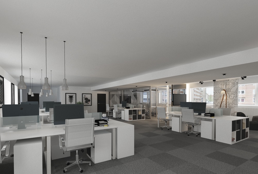 Open space office 3ds max nordic black and white work station meeting room