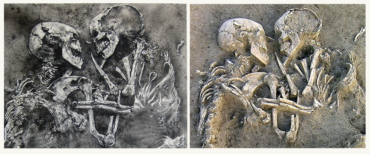 skeletons eternal embrace ink pencil charcoal watercolor fine art