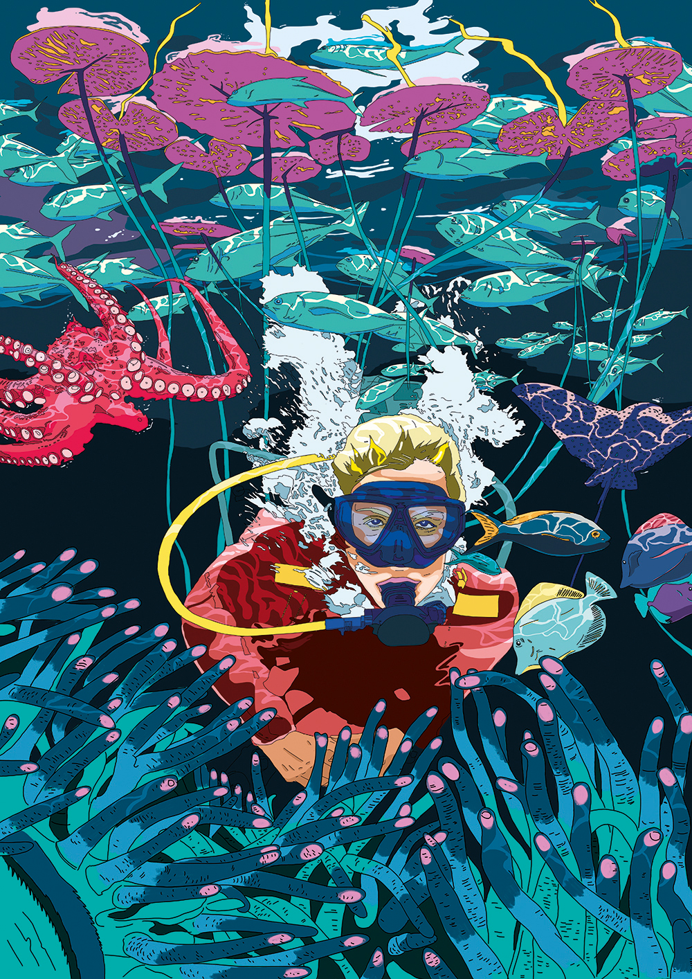 Ocean diver dive sea underwater water plants fishes octopus deep bubbles colours Colourful 