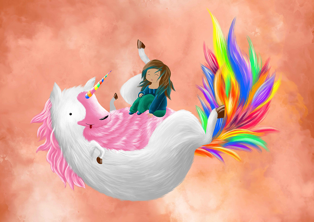 unicorn Licorne girl childhood dream fat horse funny colorful